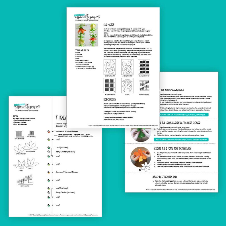 Pu&ograve; includere: Un modello di artigianato di carta stampabile per creare una ghirlanda di fiori. Le istruzioni includono un elenco di materiali, un diagramma delle forme dei fiori e i passaggi per assemblare la ghirlanda. Il testo "especially paper" &egrave; visibile nella parte superiore della pagina.