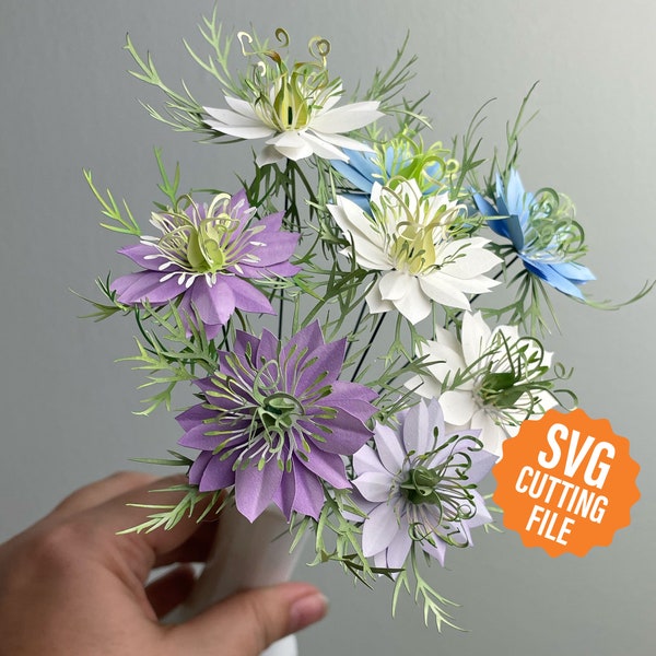 Plantilla y tutorial SVG de flores 3D, Paper Love-in-a-Mist para máquinas de corte Cricut y Silhouette