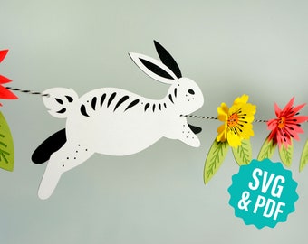 Modèle bricolage lapin de Pâques et guirlande de fleurs pour machines de découpe ou découpe à la main | Décoration de Pâques bricolage | Créations en papier (svg, pdf)