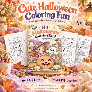 Może przedstawiać: Kolorowanka zatytułowana My Halloween Coloring Book z 60 Fun & Friendly Coloring Pages for Kids, z ilustracją na okładce przedstawiającą dziecko w kapeluszu czarownicy, duszka i kota z dyniami. Zawiera plik PDF do pobrania w formacie A4 i US Letter.