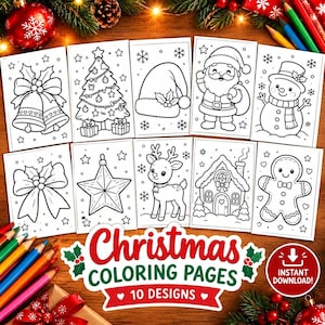 Pode incluir: Dez páginas de colorir de Natal com desenhos de linhas a preto e branco de sinos, uma árvore, um gorro, o Pai Natal, um boneco de neve, um laço, uma estrela, uma rena, uma casa e um boneco de gengibre.