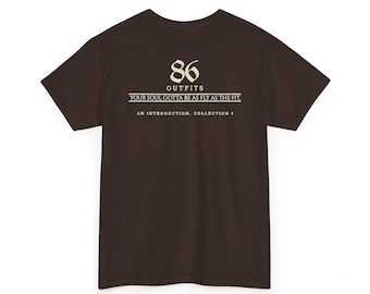 May include: A dark brown short-sleeve t-shirt featuring cream-colored text on the back. The graphic includes the number 86, the word OUTFITS, the phrase YOUR SOUL GOTTA BE AS FLY AS THE FIT, and AN INTRODUCTION. COLLECTION I.