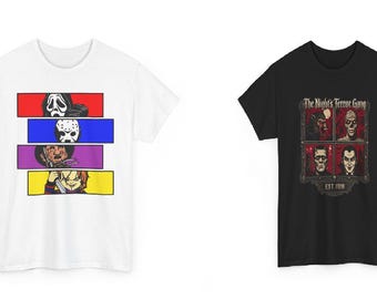 May include: A white t-shirt featuring four horizontal rectangular panels with horror movie characters and a black t-shirt with a square graphic containing four classic monster portraits and the text The Night's Terror Gang EST 1998.