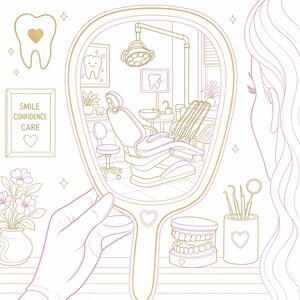 Puede incluir: Una ilustración de arte lineal que muestra una mano sosteniendo un espejo de mano que refleja un consultorio dental con silla, luz y equipo. Los elementos circundantes incluyen un icono de diente con un corazón, un letrero que dice SMILE CONFIDENCE CARE, flores, un modelo dental y herramientas.