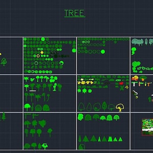 May include: A digital collection of CAD tree symbols organized in a grid on a dark background. The graphic features various green and yellow tree silhouettes, including deciduous, coniferous, and palm varieties, with the word TREE at the top.