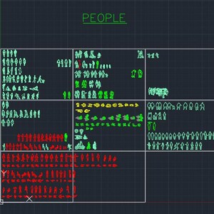 May include: A digital CAD block library titled PEOPLE, featuring a grid of numerous stylized human silhouettes in various poses. The outlines are rendered in bright green, red, and yellow lines against a dark gray grid background.