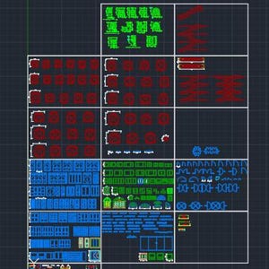 May include: A technical CAD drawing titled DOOR & WINDOW featuring a grid of architectural symbols, including various door and window schematics in red, green, blue, and yellow lines on a dark grid background, displaying structural layouts.