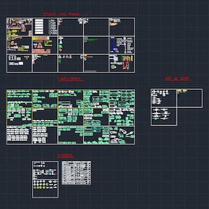 May include: A digital CAD block library featuring architectural symbols, furniture, and vehicle outlines. The layout includes sections labeled CHEST, FAN, PIANO, CAR, LORRY, AIR & SHIP, and SYMBOL, displaying various technical line drawings on a dark grid.