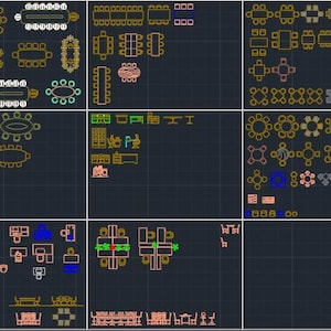 May include: A collection of CAD block furniture symbols displayed on a dark grid background. The set includes various top-down views of conference tables, office desks, chairs, and workstations rendered in colorful line art outlines.