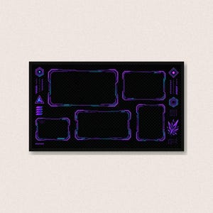 Könnte beinhalten: Ein digitales Overlay mit fünf rechteckigen Rahmen mit abgerundeten Ecken, akzentuiert durch leuchtende neon-violette und cyanfarbene Linien. Das Design enthält geometrische Formen wie Sechsecke und Dreiecke sowie kleine Punktmuster auf schwarzem Grund.