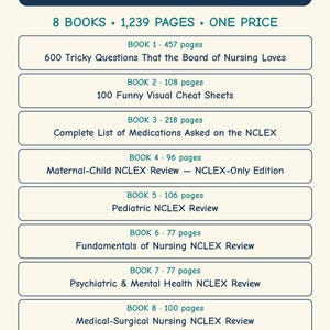 May include: A digital product listing titled WHAT YOU GET, featuring 8 nursing study books totaling 1,239 pages. Titles include 600 Tricky Questions, 100 Funny Visual Cheat Sheets, and various NCLEX review guides for maternal, pediatric, and medical-surgical nursing.