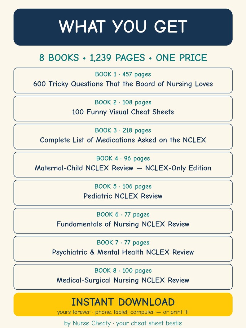 May include: A digital product listing titled WHAT YOU GET, featuring 8 nursing study books totaling 1,239 pages. Titles include 600 Tricky Questions, 100 Funny Visual Cheat Sheets, and various NCLEX review guides for maternal, pediatric, and medical-surgical nursing.
