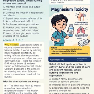 May include: A nursing study page featuring Question 498 about magnesium sulfate and Question 499 regarding end-of-life care. An illustration shows a nurse holding a bottle of calcium gluconate, with icons depicting lost reflexes and slow breathing.