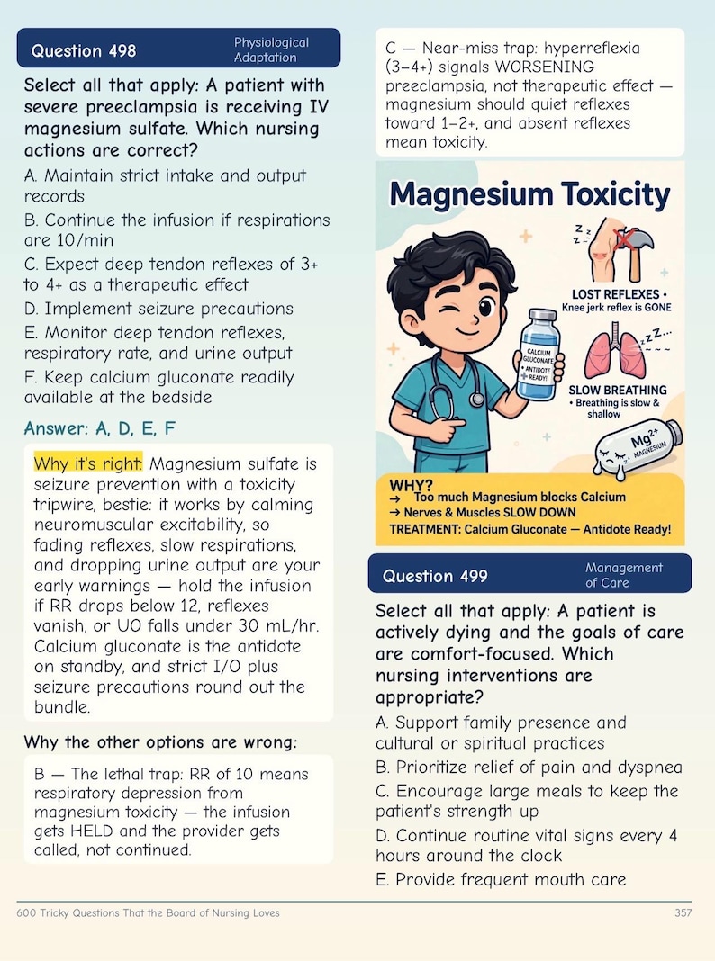 May include: A nursing study page featuring Question 498 about magnesium sulfate and Question 499 regarding end-of-life care. An illustration shows a nurse holding a bottle of calcium gluconate, with icons depicting lost reflexes and slow breathing.