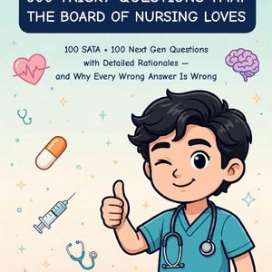 May include: A book cover titled 600 TRICKY QUESTIONS THAT THE BOARD OF NURSING LOVES, featuring a cartoon nurse in teal scrubs giving a thumbs up, with medical icons like a heart, brain, pill, syringe, and stethoscope, by Nurse Cheaty.
