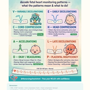 以下が含まれることがあります： VEAL CHOP: FETAL HEART PATTERNSというタイトルの教育用インフォグラフィック。胎児心拍モニタリングのパターンを解説しており、変動一過性徐脈、早期一過性徐脈、一過性頻脈、遅延一過性徐脈の各セクションが、イラストとテキストで意味や対応策とともに説明されています。