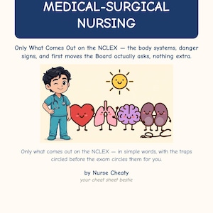 May include: A study guide titled MEDICAL-SURGICAL NURSING by Nurse Cheaty. It features a cartoon nurse and anthropomorphic organs including a heart, lungs, brain, and kidneys, with text about NCLEX exam preparation and body systems.