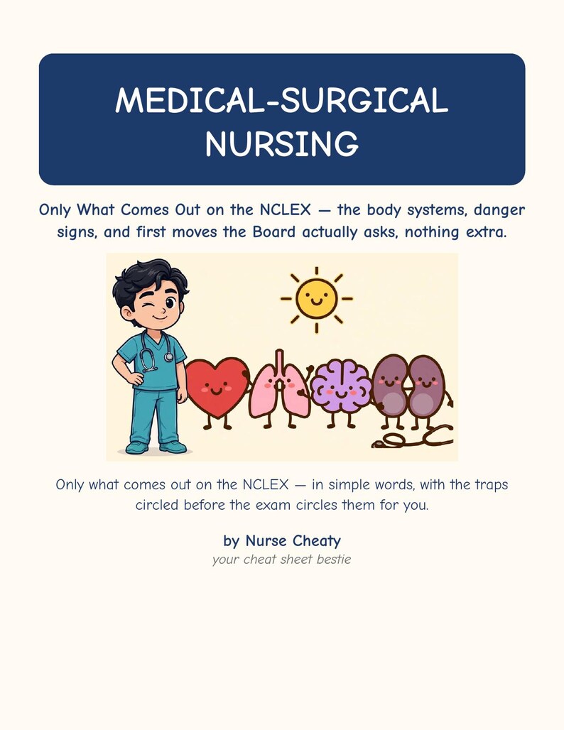 May include: A study guide titled MEDICAL-SURGICAL NURSING by Nurse Cheaty. It features a cartoon nurse and anthropomorphic organs including a heart, lungs, brain, and kidneys, with text about NCLEX exam preparation and body systems.