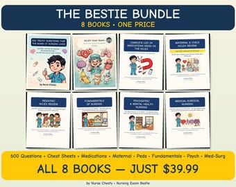 May include: A bundle of eight nursing study books titled The Bestie Bundle, featuring illustrated covers with cartoon characters and medical themes. Titles include NCLEX review, medications, pediatric, and fundamentals of nursing by Nurse Cheaty.