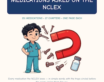 May include: A study guide titled COMPLETE LIST OF MEDICATIONS ASKED ON THE NCLEX, 151 MEDICATIONS, 27 CHAPTERS, ONE PAGE EACH. Features a cartoon nurse, a red horseshoe magnet attracting metal screws, and a vial. Text: Every medication the NCLEX loves.
