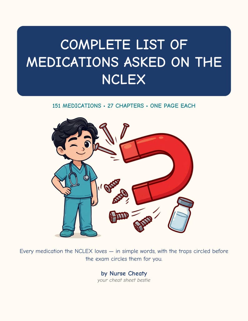 May include: A study guide titled COMPLETE LIST OF MEDICATIONS ASKED ON THE NCLEX, 151 MEDICATIONS, 27 CHAPTERS, ONE PAGE EACH. Features a cartoon nurse, a red horseshoe magnet attracting metal screws, and a vial. Text: Every medication the NCLEX loves.