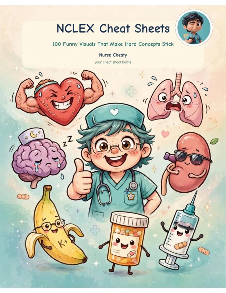 May include: NCLEX Cheat Sheets 100 Funny Visuals That Make Hard Concepts Stick Nurse Cheaty your cheat sheet bestie. A central nurse character surrounded by cartoon organs including a muscular heart, lungs, brain, kidney, banana, pill bottle, and syringe.