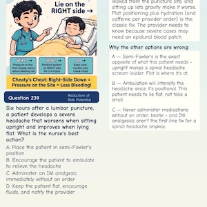 May include: An educational nursing study page titled Post Liver Biopsy: Cheaty's Right-Side Position Trick! featuring a cartoon nurse and a patient lying on their right side, with a multiple-choice question about lumbar puncture and spinal headache.