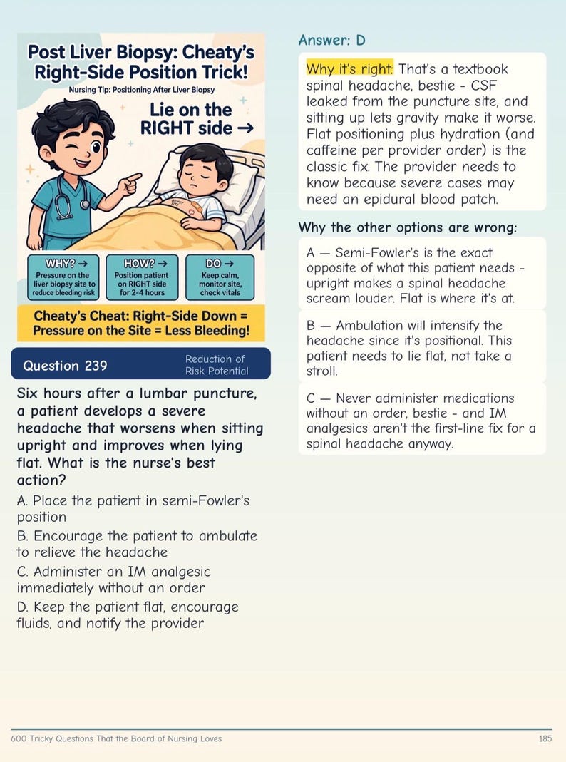 May include: An educational nursing study page titled Post Liver Biopsy: Cheaty's Right-Side Position Trick! featuring a cartoon nurse and a patient lying on their right side, with a multiple-choice question about lumbar puncture and spinal headache.