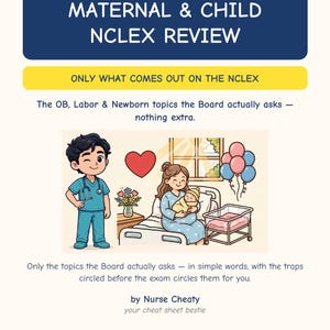 May include: A study guide titled MATERNAL & CHILD NCLEX REVIEW, ONLY WHAT COMES OUT ON THE NCLEX, The OB, Labor & Newborn topics the Board actually asks &ndash; nothing extra. Includes an illustration of a nurse, a parent, and a newborn.