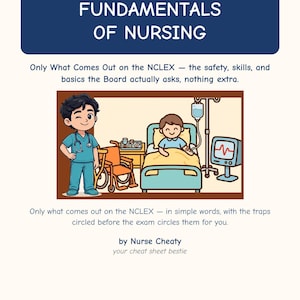May include: A study guide titled Fundamentals of Nursing by Nurse Cheaty. The cover features a cartoon illustration of a nurse standing next to a patient in a hospital bed with an IV pole, wheelchair, and medical monitor.