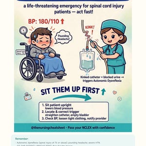 以下が含まれることがあります： Autonomic Dysreflexia: Sit Them Upというタイトルの教育用インフォグラフィック。車椅子に乗った血圧の高い患者と、折れ曲がったカテーテルを直す看護師が描かれています。患者を直立させるための手順と、トリガーを確認するためのステップが記載されています。