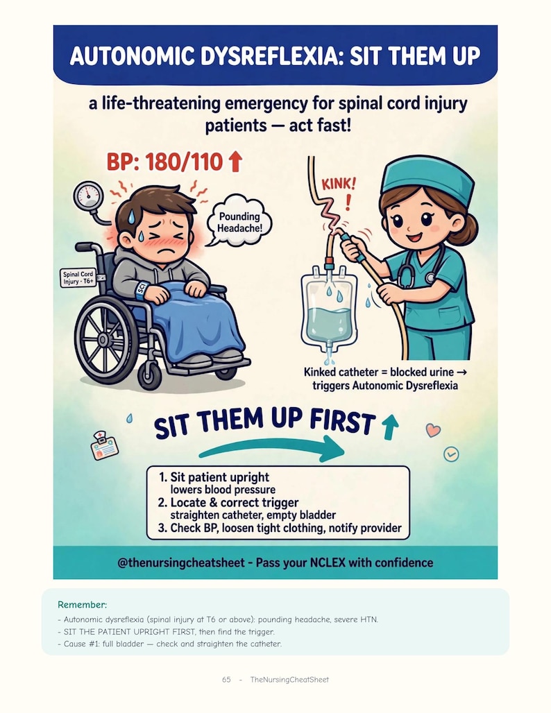 以下が含まれることがあります： Autonomic Dysreflexia: Sit Them Upというタイトルの教育用インフォグラフィック。車椅子に乗った血圧の高い患者と、折れ曲がったカテーテルを直す看護師が描かれています。患者を直立させるための手順と、トリガーを確認するためのステップが記載されています。