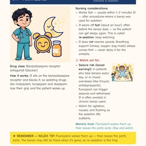 May include: A medical study page titled 149 FLUMAZENIL featuring a cartoon nurse, a smiling alarm clock, a crescent moon, and a pill bottle. The text details nursing considerations, drug class, and seizure risks for benzodiazepine antagonists.