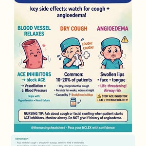 以下が含まれることがあります： ACE INHIBITORS: DRY COUGH ALERTというタイトルの教育用インフォグラフィック。血管、咳をする人、血管性浮腫の人のイラストが描かれています。テキストには副作用、リスク、看護のヒントが記載されています。