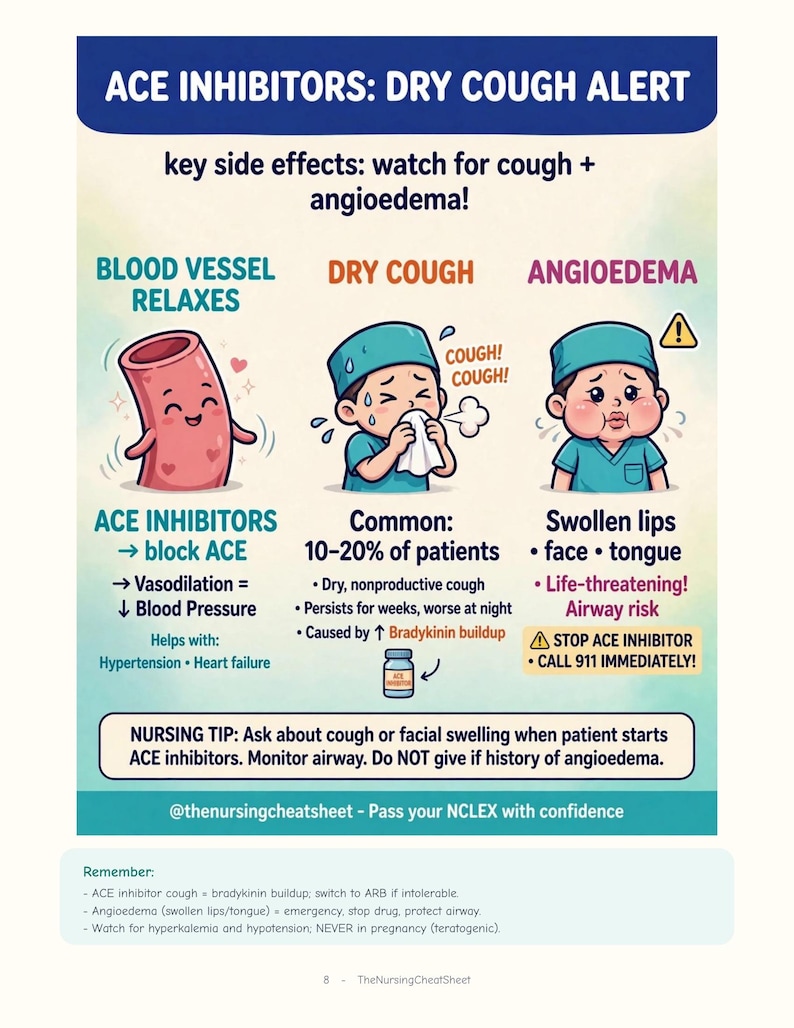 以下が含まれることがあります： ACE INHIBITORS: DRY COUGH ALERTというタイトルの教育用インフォグラフィック。血管、咳をする人、血管性浮腫の人のイラストが描かれています。テキストには副作用、リスク、看護のヒントが記載されています。