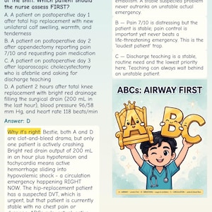 May include: A nursing study page titled Question 1 Management of Care featuring a clinical scenario about postoperative patient assessment. It includes multiple-choice options, an answer key, an explanation, and a cartoon of a nurse holding letters A, B, and C.