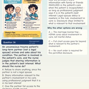 May include: An educational infographic titled TRACH CARE featuring two cartoon illustrations demonstrating sterile suction technique and inner cannula cleaning, alongside a nursing exam question about HIPAA regulations and patient care management.