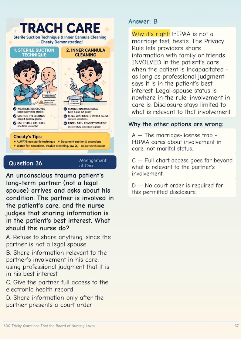May include: An educational infographic titled TRACH CARE featuring two cartoon illustrations demonstrating sterile suction technique and inner cannula cleaning, alongside a nursing exam question about HIPAA regulations and patient care management.