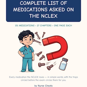 May include: A study guide titled COMPLETE LIST OF MEDICATIONS ASKED ON THE NCLEX, 151 MEDICATIONS, 27 CHAPTERS, ONE PAGE EACH. Features a cartoon nurse, a large red magnet attracting metal screws, and a vial. Text: Every medication the NCLEX loves.