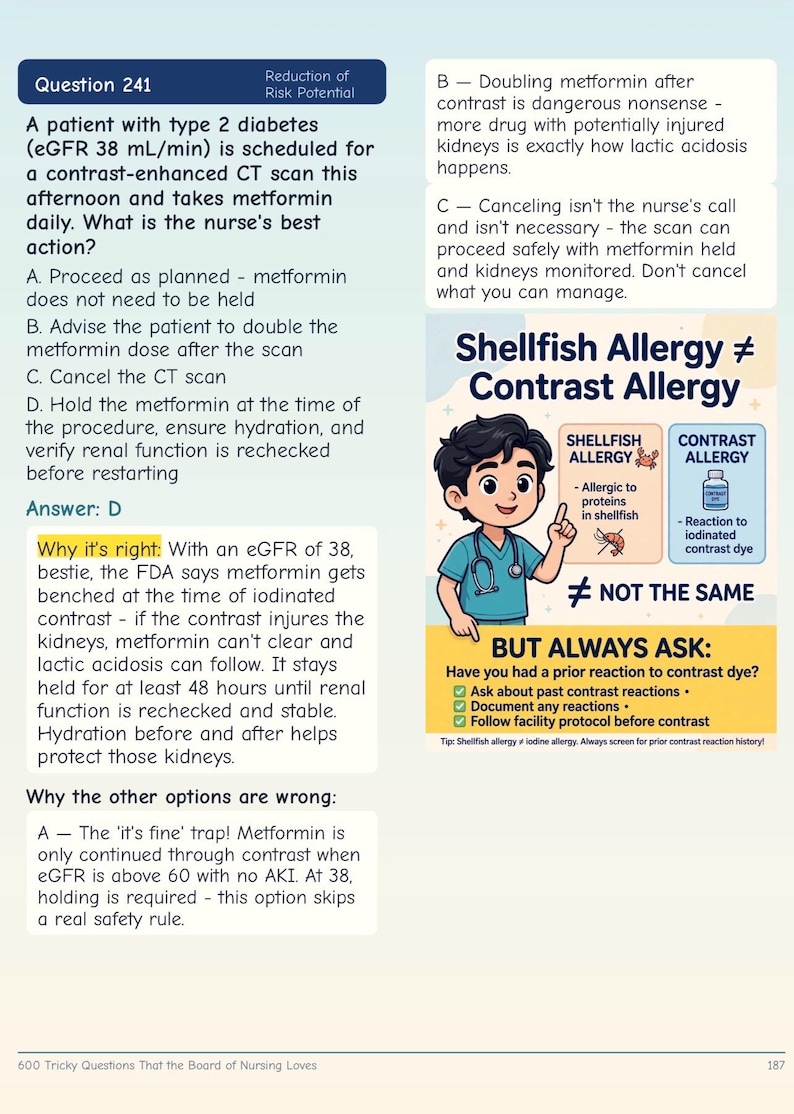 May include: An educational infographic page titled Question 241, featuring a medical multiple-choice question about metformin and CT scans, with an answer key and a colorful illustration explaining the difference between shellfish and contrast allergies.