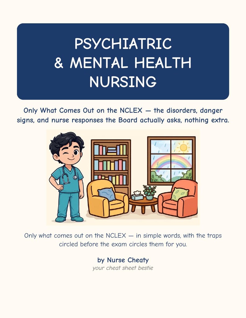 May include: A study guide titled Psychiatric & Mental Health Nursing by Nurse Cheaty. The cover features a cartoon nurse, a bookshelf, two armchairs, and a window with a rainbow. Text includes: Only What Comes Out on the NCLEX.