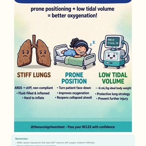 以下が含まれることがあります： ARDS: REFRACTORY HYPOXEMIAと題された教育用インフォグラフィック。硬い肺、腹臥位の患者、MODE: AC VT: 6 mL/kg LOWと書かれた人工呼吸器が描かれています。腹臥位と低一回換気量について説明しています。