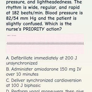 May include: A nursing exam question card titled Question 217 Physiological Adaptation. It presents a clinical scenario about a patient with a wide, regular, rapid cardiac rhythm at 182 beats/min, including an ECG strip and four multiple-choice options.
