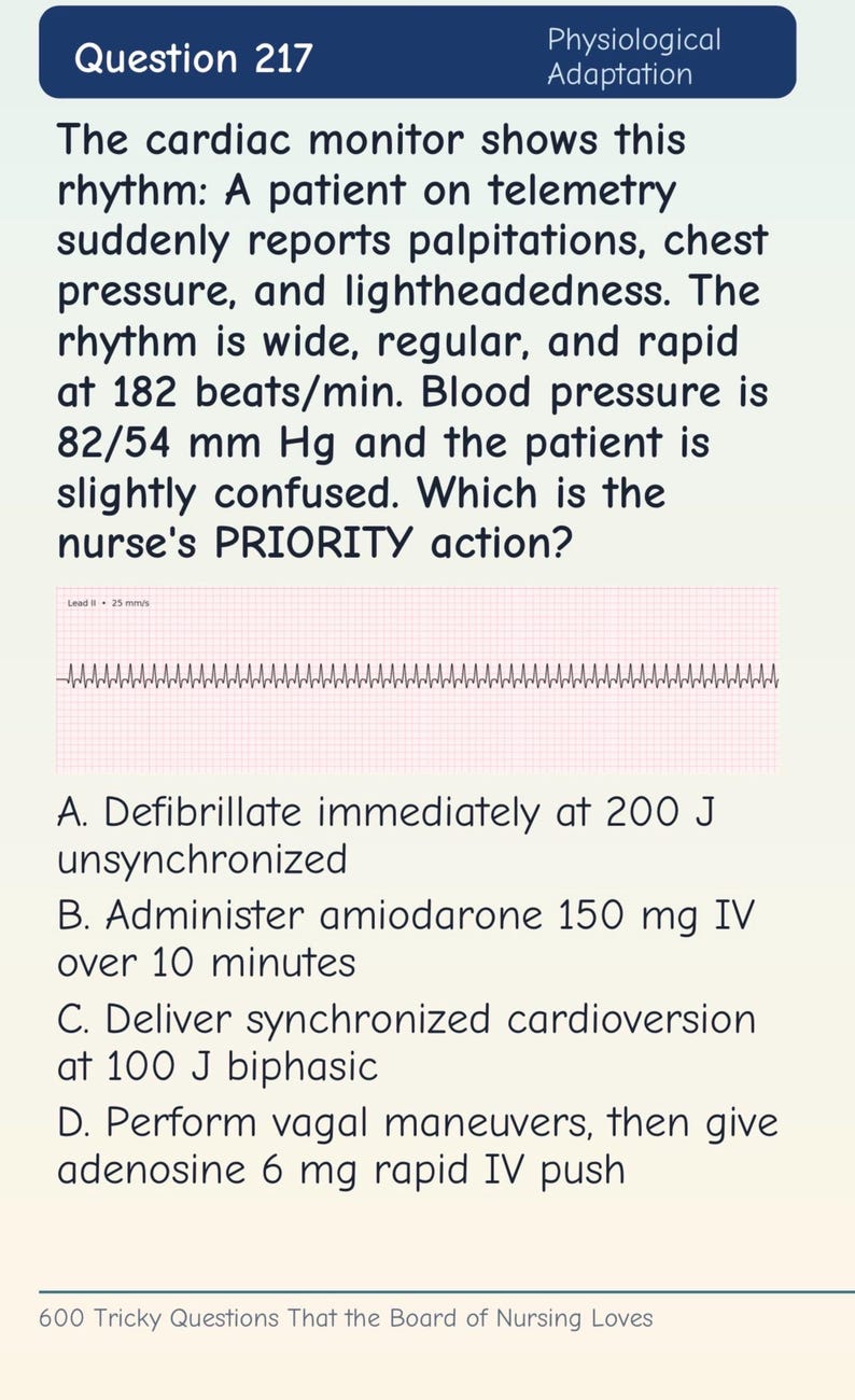 May include: A nursing exam question card titled Question 217 Physiological Adaptation. It presents a clinical scenario about a patient with a wide, regular, rapid cardiac rhythm at 182 beats/min, including an ECG strip and four multiple-choice options.