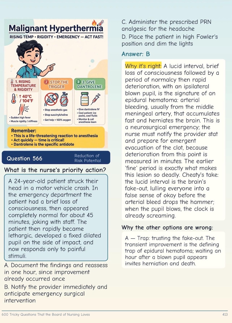 May include: An educational nursing study page featuring a Malignant Hyperthermia infographic with a cartoon character, three steps for emergency action, and a medical practice question about a patient with a head injury and epidural hematoma.