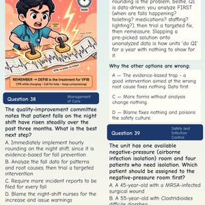 May include: An educational study page featuring a cartoon of a medical professional using a defibrillator on a patient's heart rhythm strip. The text reads VFIB = DEFIB NOW, REMEMBER -> DEFIB is the treatment for VFIB, and includes nursing questions.