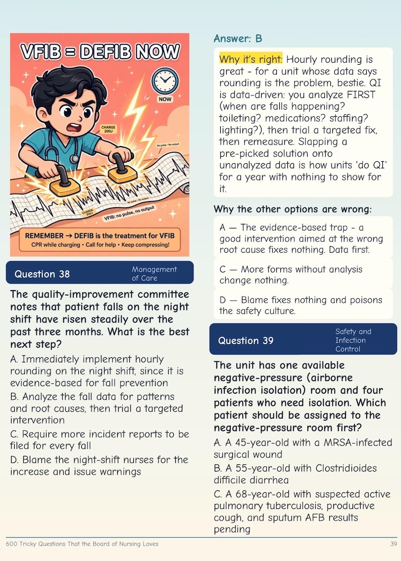 May include: An educational study page featuring a cartoon of a medical professional using a defibrillator on a patient's heart rhythm strip. The text reads VFIB = DEFIB NOW, REMEMBER -> DEFIB is the treatment for VFIB, and includes nursing questions.