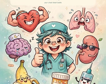May include: A book cover titled NCLEX Cheat Sheets: 100 Funny Visuals That Make Hard Concepts Stick by Nurse Cheaty. The cover features a central cartoon nurse surrounded by anthropomorphic organs including a muscular heart, lungs, a brain, a kidney, a banana, a pill bottle, and a syringe.