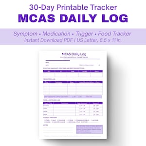 May include: A 30-day printable MCAS Daily Log tracker in purple and white. The document includes sections for symptom snapshots, medication logs, food and histamine tracking, and daily triggers, sized at 8.5 by 11 inches for US Letter.