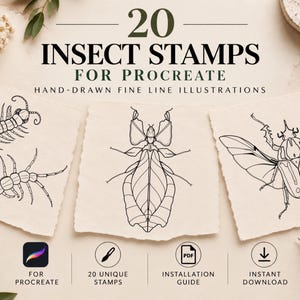 Può includere: Un set digitale di 20 timbri di insetti per Procreate con illustrazioni a linee sottili disegnate a mano di un millepiedi, un insetto foglia e uno scarabeo. Il testo recita 20 INSECT STAMPS FOR PROCREATE HAND-DRAWN FINE LINE ILLUSTRATIONS.